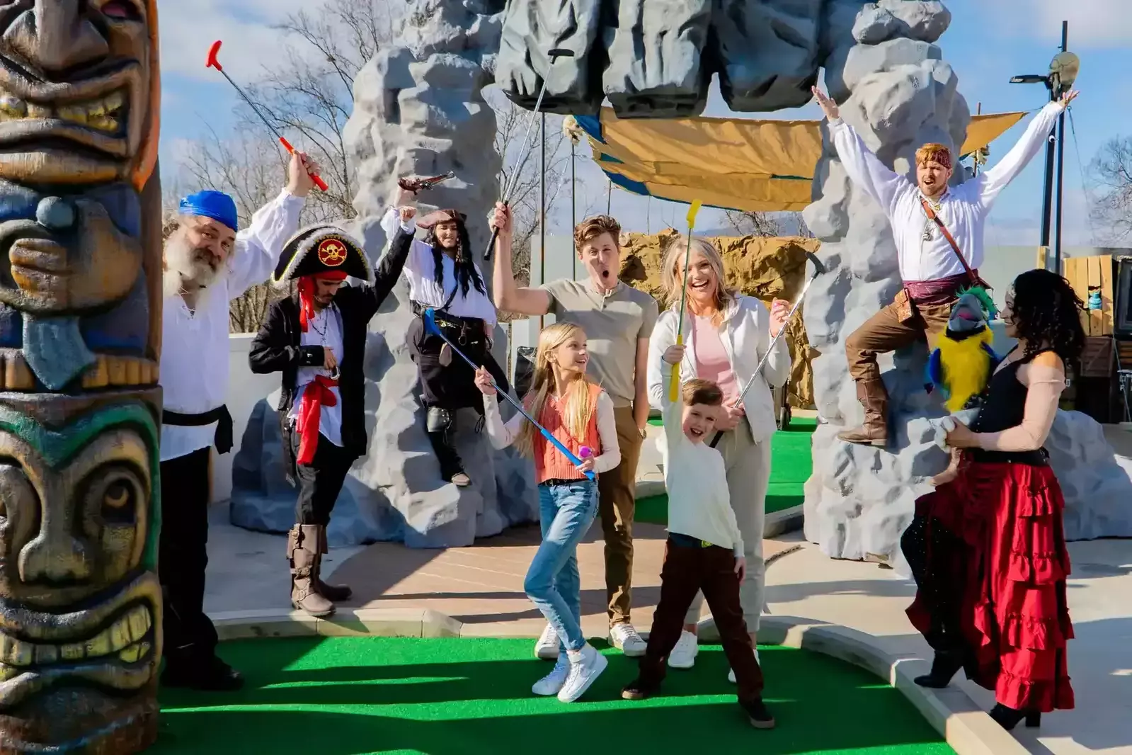 family on the rooftop course with pirates